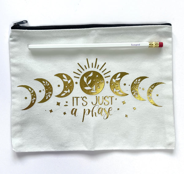 White Multipurpose Cotton Canvas Pouch with Moon Phases Design