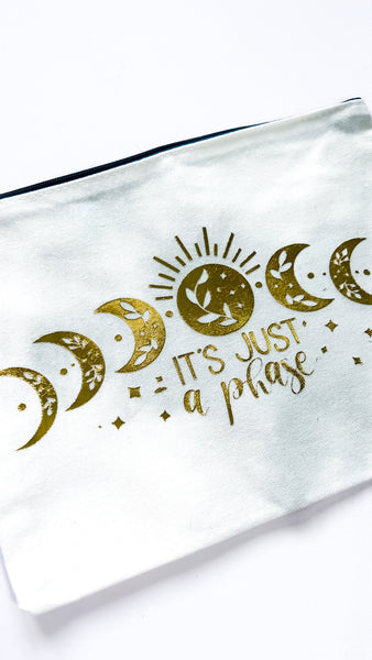 White Multipurpose Cotton Canvas Pouch with Moon Phases Design