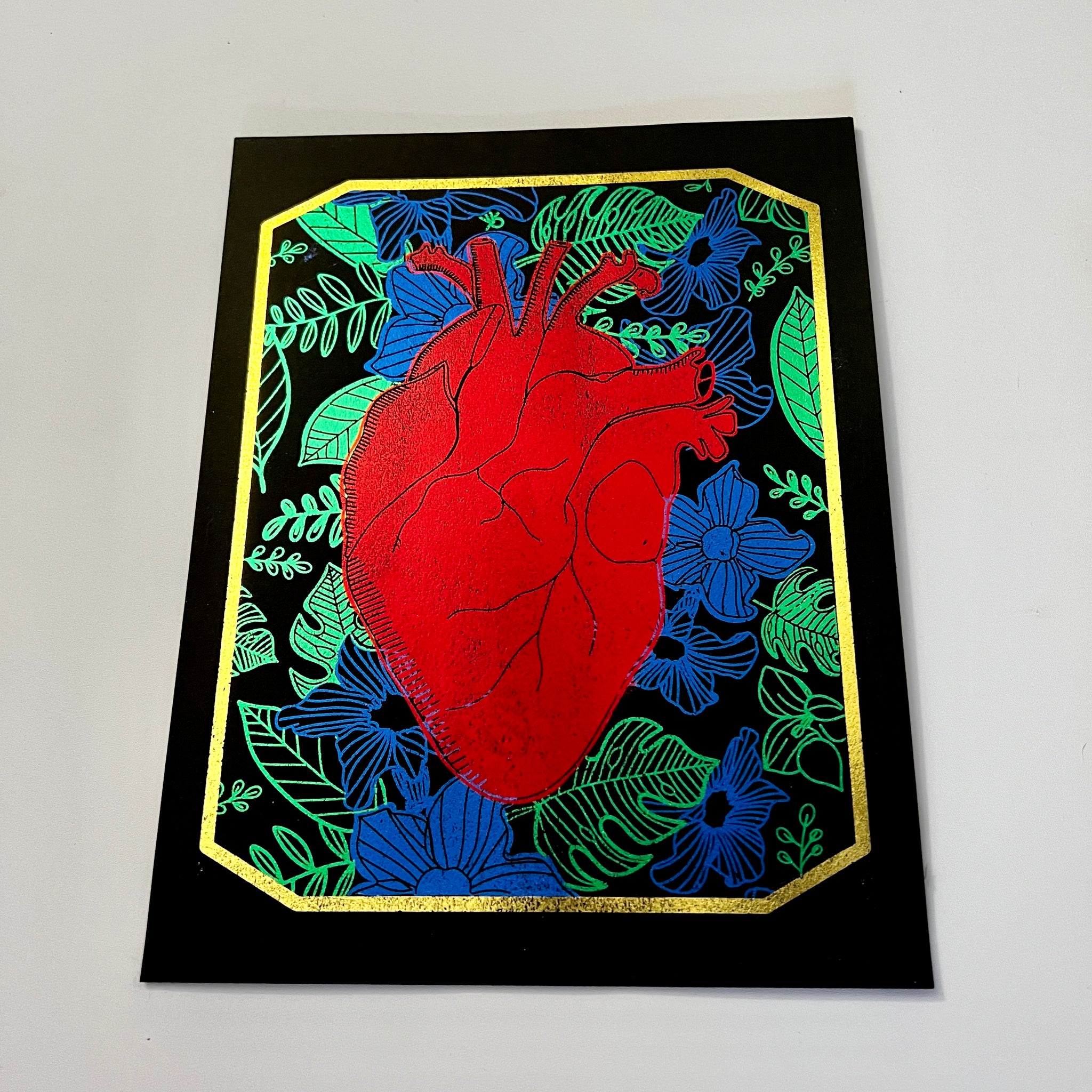 Heart and flowers on black (foil print)