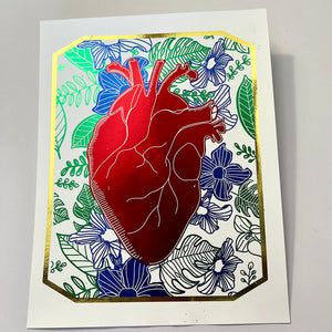 Heart and flowers on white (foil print)