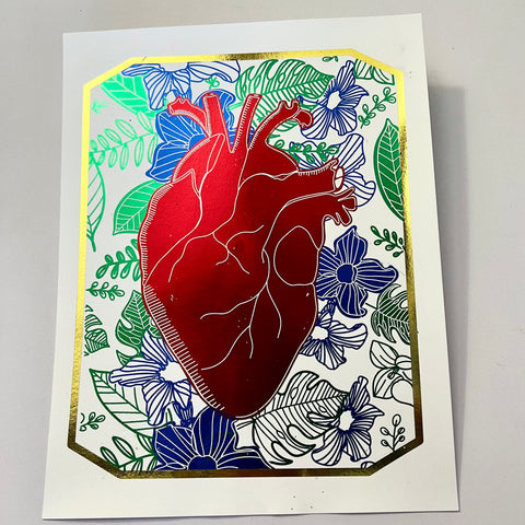 Heart and flowers on white (foil print)